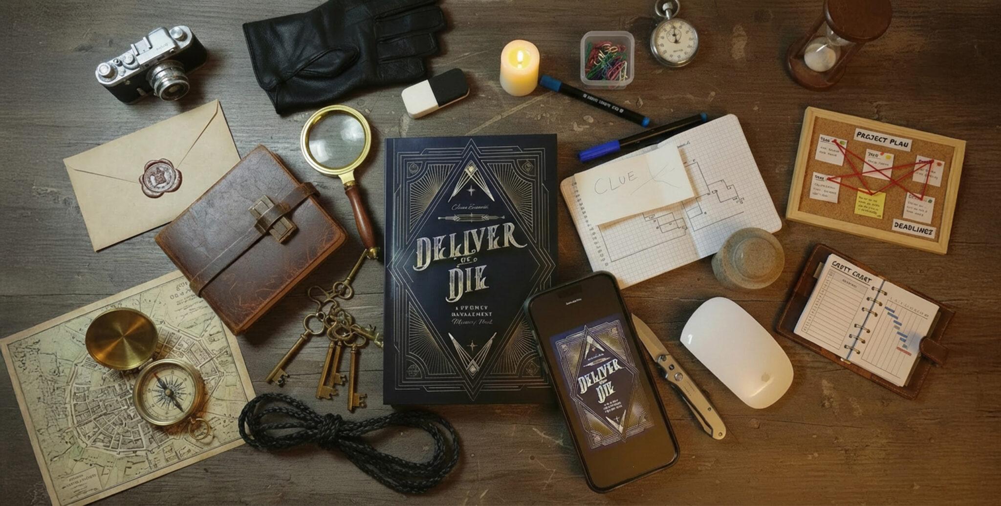 Deliver or Die su un tavolo da investigatore: lente, chiavi, taccuino con un Gantt
